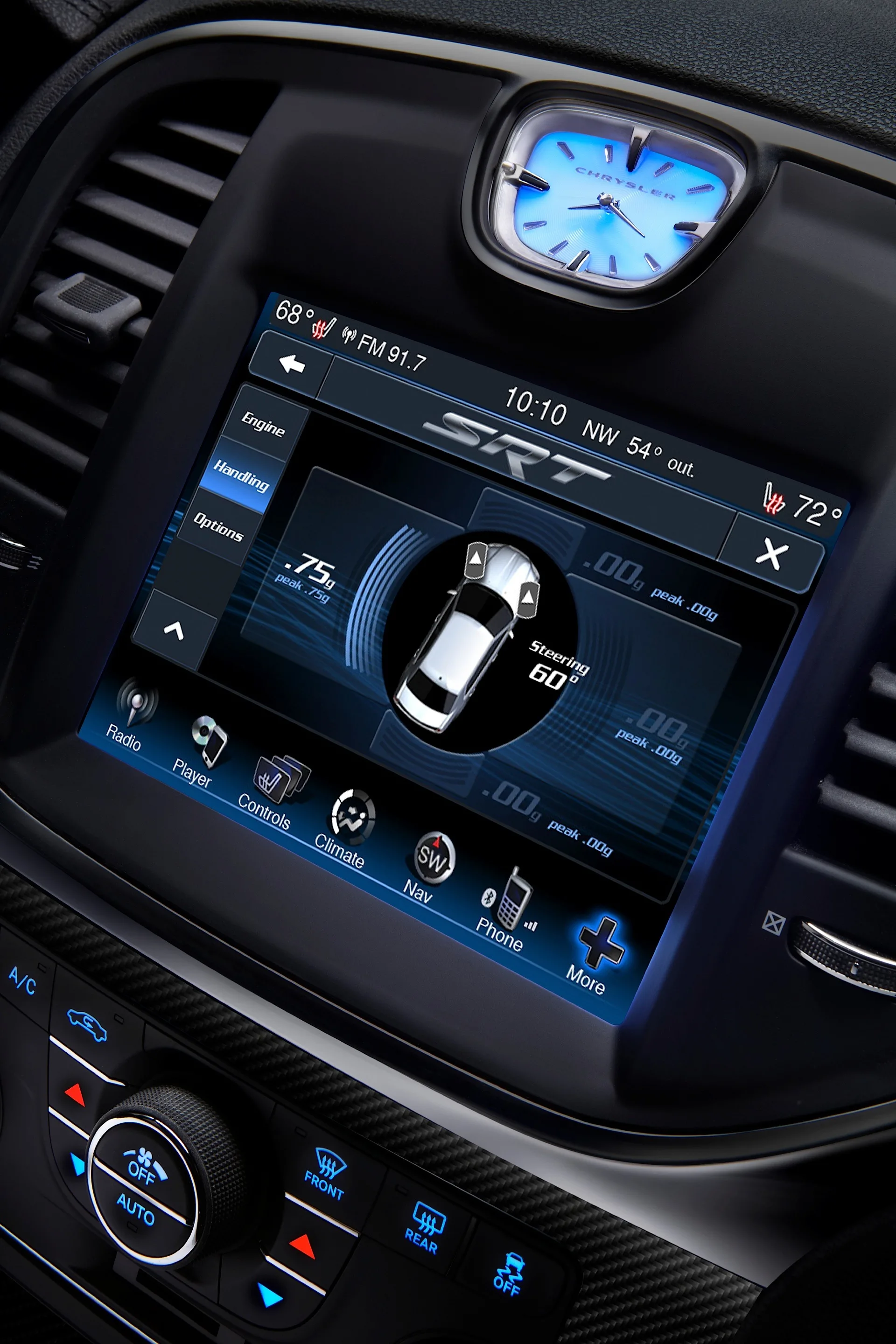 The 2012 Chrysler 300 SRT8’s new instrument panel features an 8.4-inch color touchscreen display – the segment’s largest standard display – and also has Performance Pages displays for steering angle, horsepower, and torque outputs along with engine gauge readouts. The display is customizable to a driver selectable background.