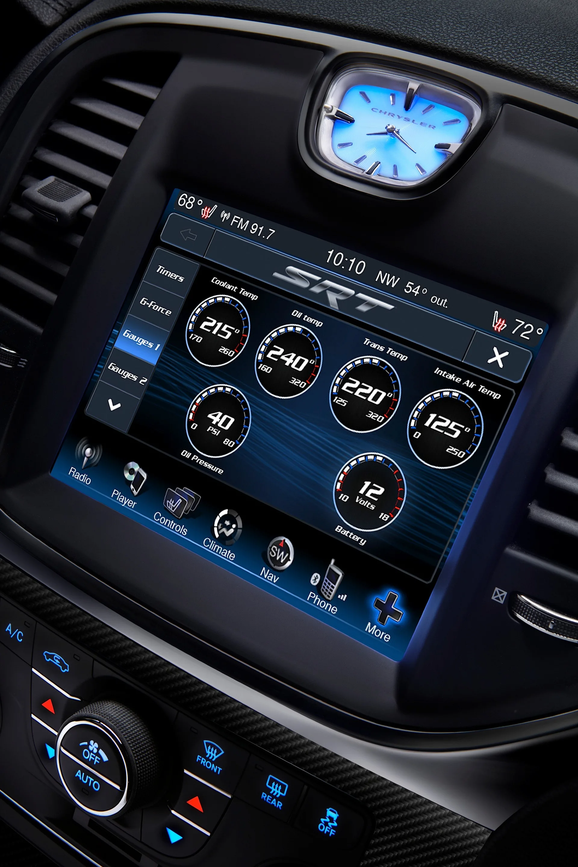 The 2012 Chrysler 300 SRT8’s new instrument panel features an 8.4-inch color touchscreen display – the segment’s largest standard display – and also has Performance Pages displays for steering angle, horsepower, and torque outputs along with engine gauge readouts. The display is customizable to a driver selectable background.