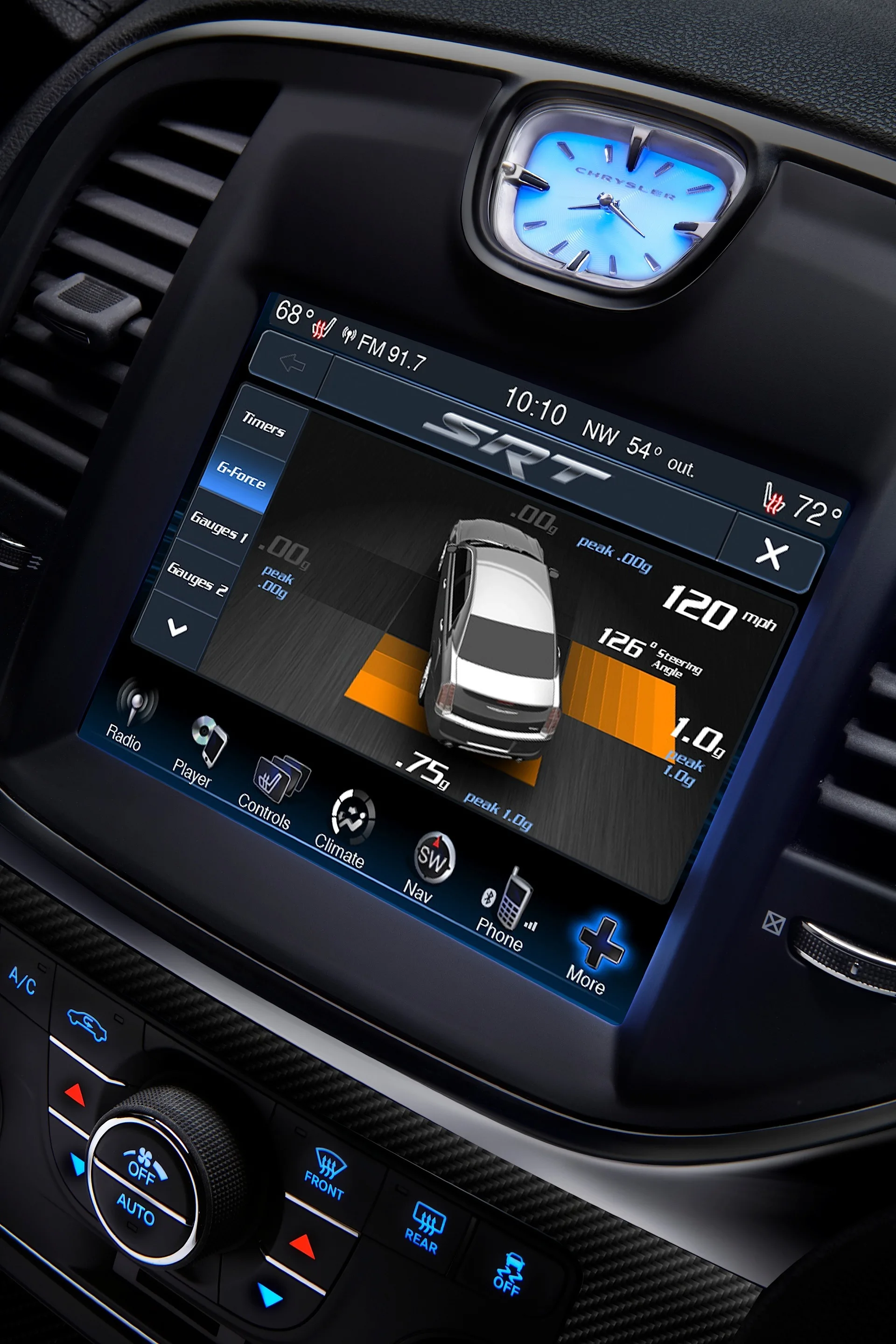 The 2012 Chrysler 300 SRT8’s new instrument panel features an 8.4-inch color touchscreen display – the segment’s largest standard display – and also has Performance Pages displays for steering angle, horsepower, and torque outputs along with engine gauge readouts. The display is customizable to a driver selectable background.