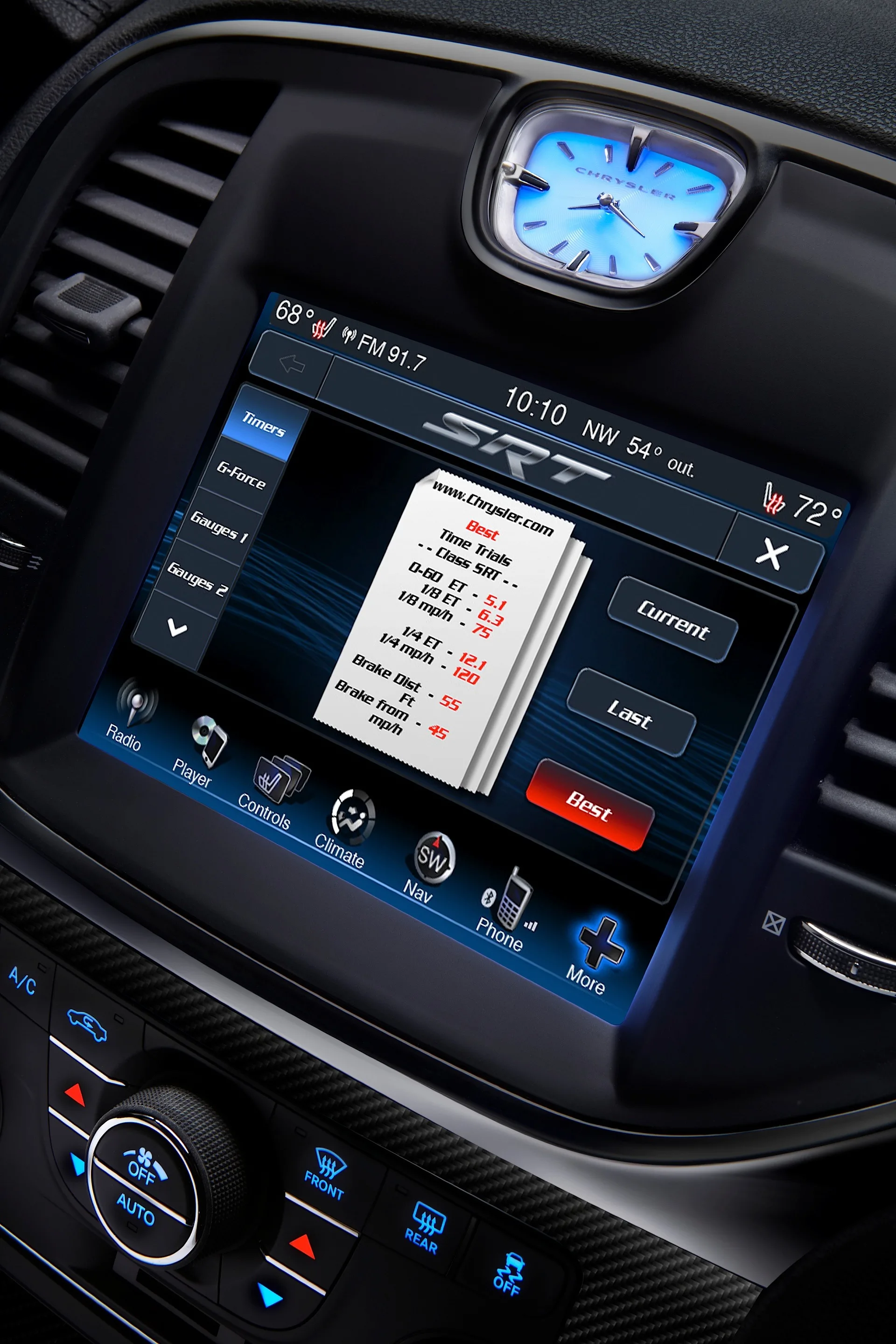 The 2012 Chrysler 300 SRT8’s new instrument panel features an 8.4-inch color touchscreen display – the segment’s largest standard display – and also has Performance Pages displays for steering angle, horsepower, and torque outputs along with engine gauge readouts. The display is customizable to a driver selectable background.
