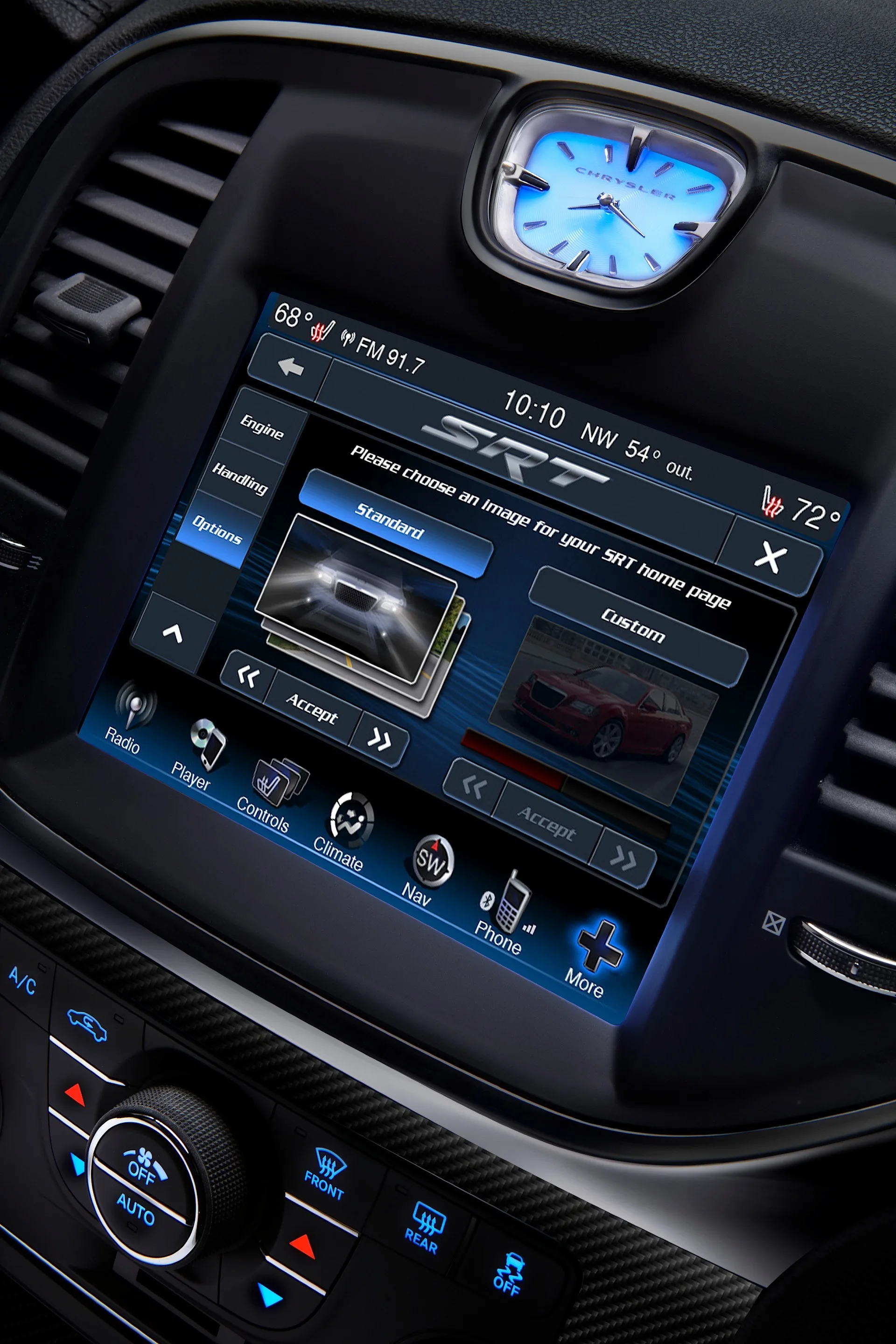 The 2012 Chrysler 300 SRT8’s new instrument panel features an 8.4-inch color touchscreen display – the segment’s largest standard display – and also has Performance Pages displays for steering angle, horsepower, and torque outputs along with engine gauge readouts. The display is customizable to a driver selectable background.