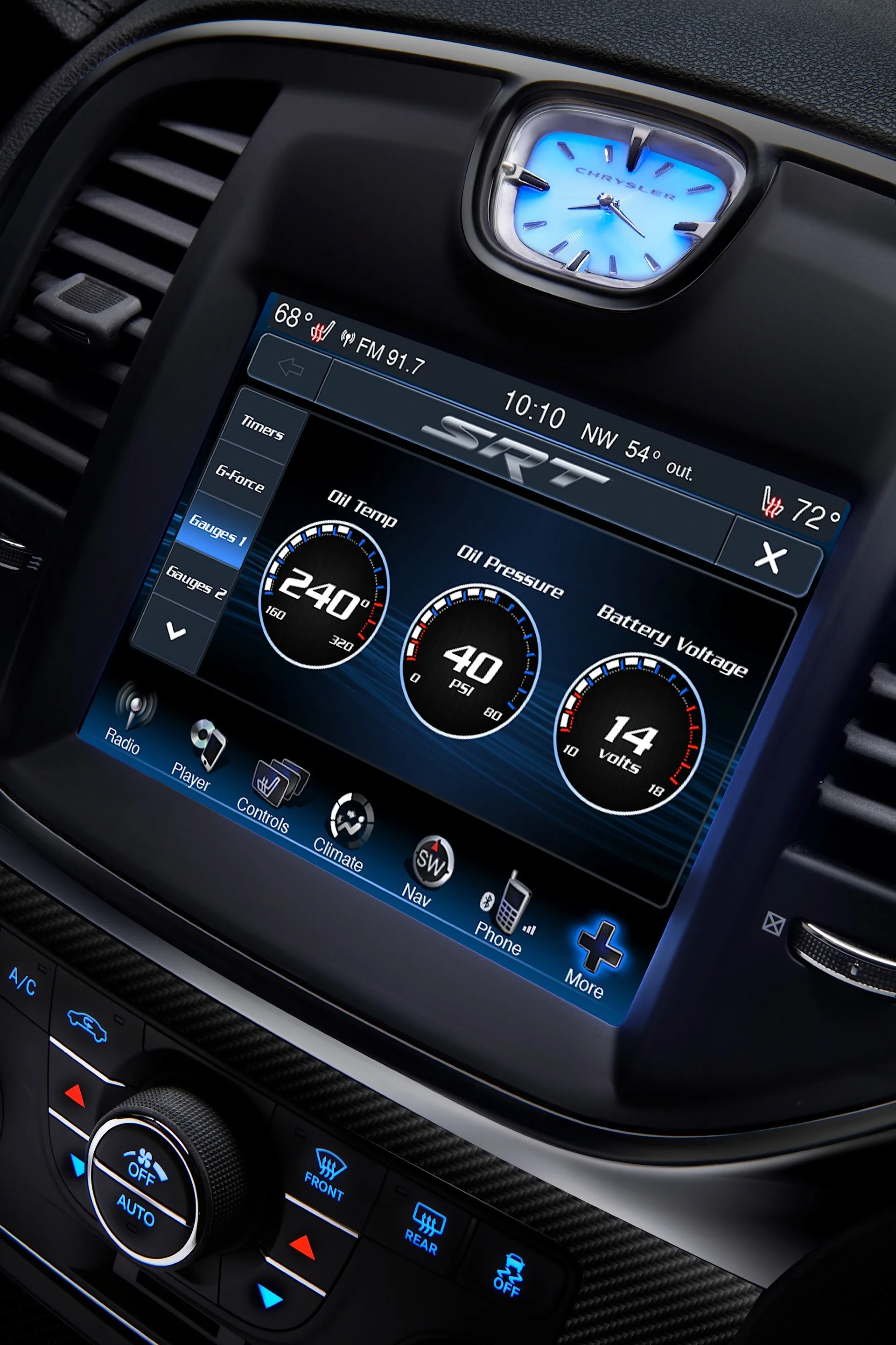 The 2012 Chrysler 300 SRT8’s new instrument panel features an 8.4-inch color touchscreen display – the segment’s largest standard display – and also has Performance Pages displays for steering angle, horsepower, and torque outputs along with engine gauge readouts. The display is customizable to a driver selectable background.