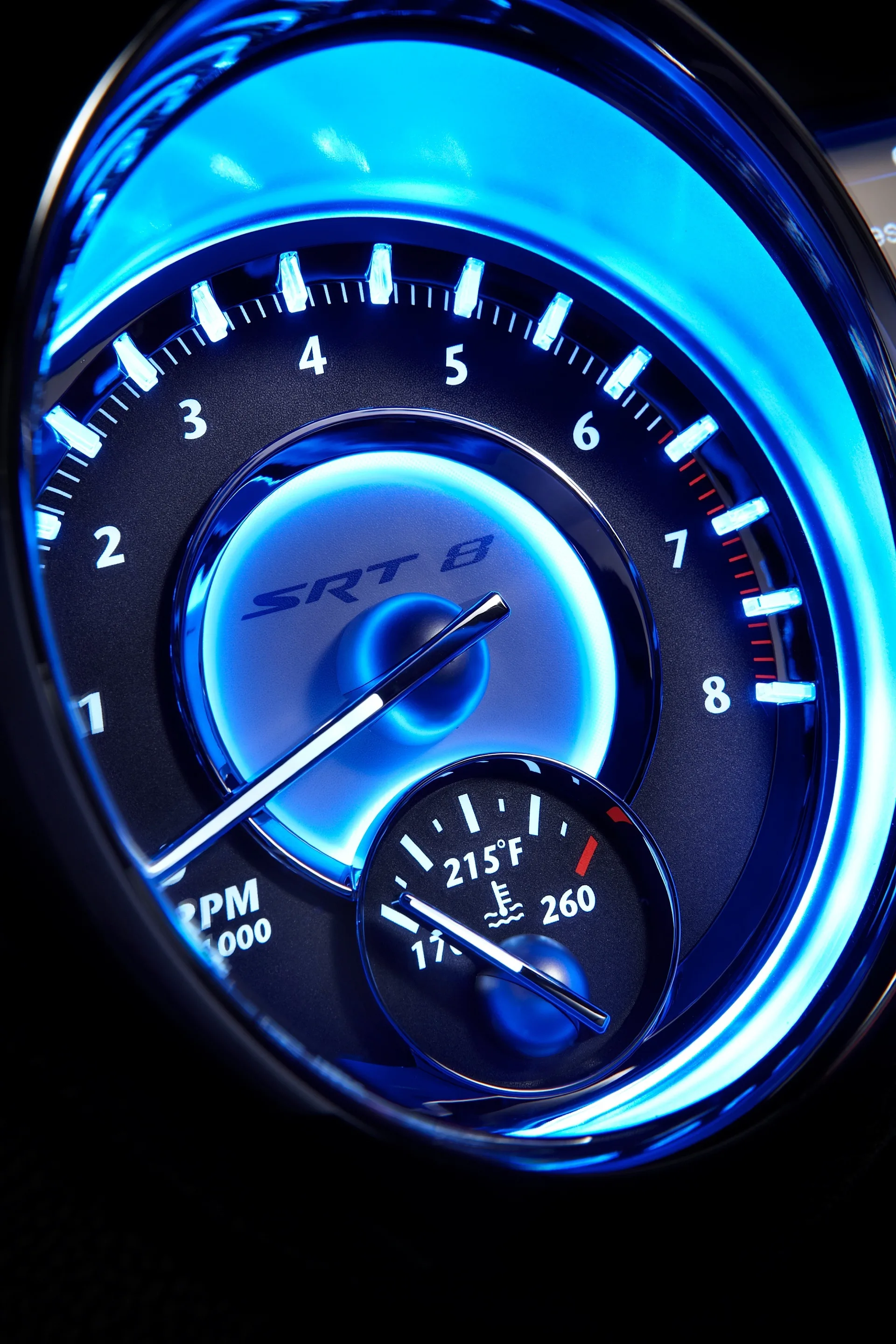 Tachometer for the 2013 Chrysler 300 SRT8 features the SRT8 logo