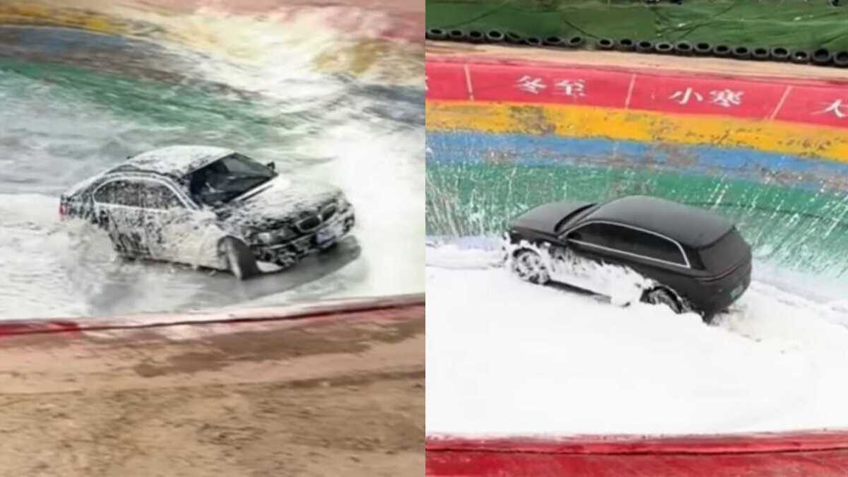 Nowa szalona rozrywka w Chinach: kierowcy walczą z mydlaną pułapką w kolorowych dołach