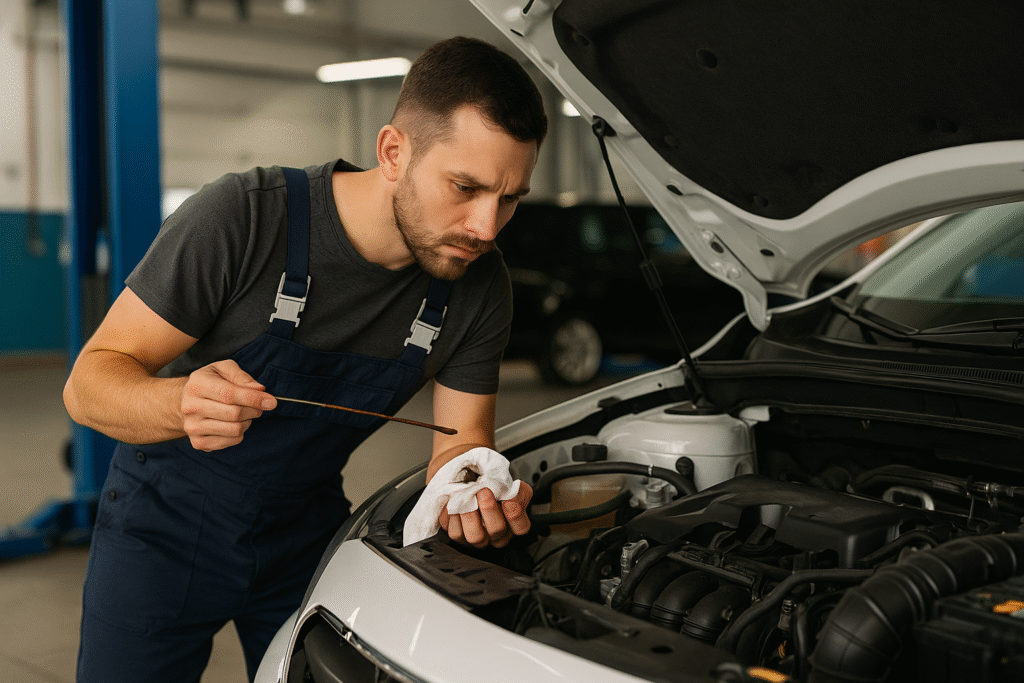 Mężczyzna sprawdzający poziom oleju w samochodzie