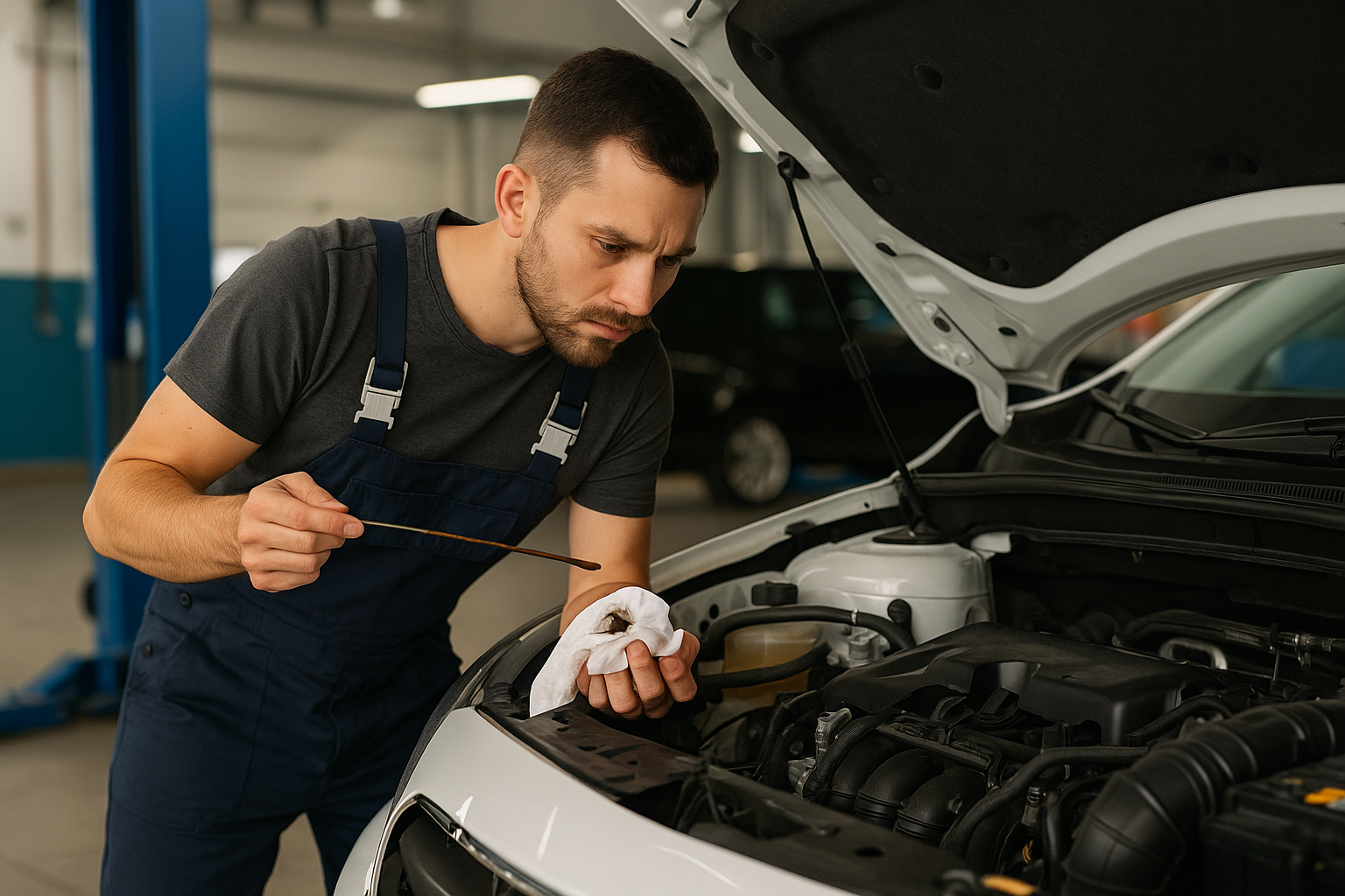 Mężczyzna sprawdzający poziom oleju w samochodzie